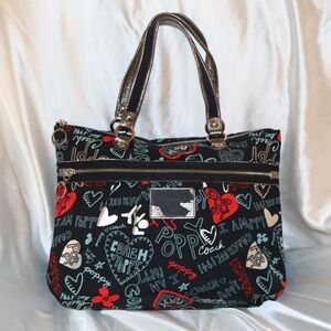 Coach Poppy Tote Graffiti Style Black and Red Preowned 16052